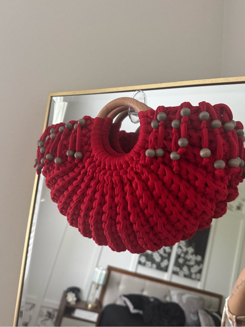 New Bonita bolso handmade by Yvonne Red Crochet Tote with Wooden Handle